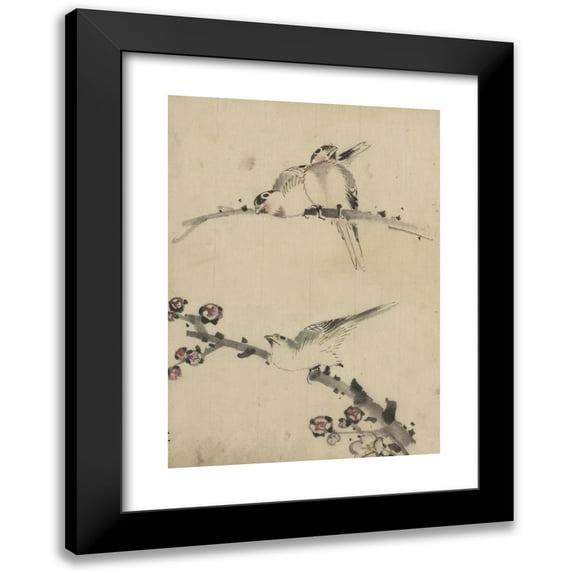 Katsushika Hokusai 18x24 Black Modern Framed Museum Art Print Titled - Three Birds Perched on Branches, One with Blossoms (1830-1850)
