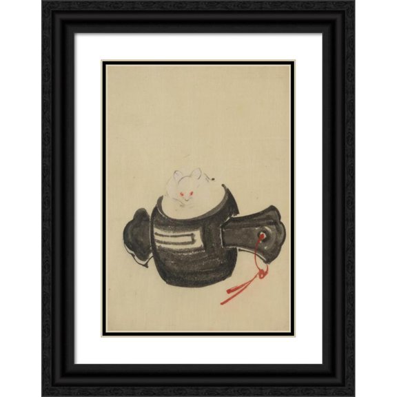 Katsushika Hokusai 18x24 Black Ornate Framed Double Matted Museum Art Print Titled: Mouse, Facing Front, Sitting on a Mallet with Red Ribbon Through a Hole in the Handle (1830-1850