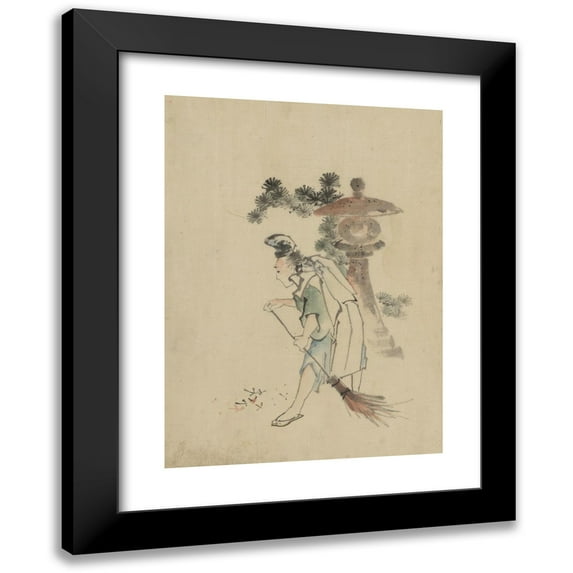 Katsushika Hokusai 19x24 Black Modern Framed Museum Art Print Titled - A Man Sweeping Pine Needles that Have Fallen from a Tree Near a Stone Shrine (1830-1850)