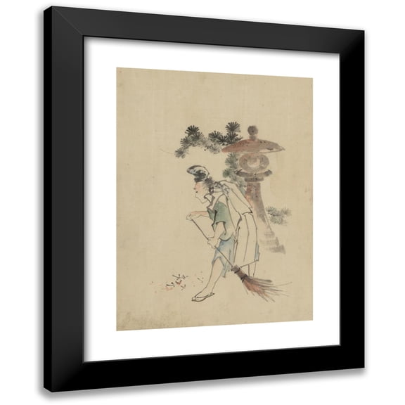 Katsushika Hokusai 19x24 Black Modern Framed Museum Art Print Titled - A Man Sweeping Pine Needles that Have Fallen from a Tree Near a Stone Shrine (1830-1850)