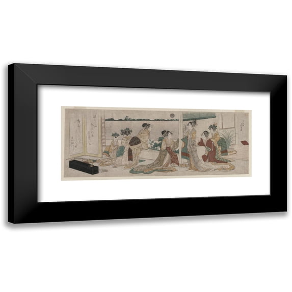 Katsushika Hokusai 24x12 Black Modern Framed Museum Art Print Titled - Tsukasa and Other Courtesans of the Ogiya Watching the Autumn Moon Rise Over Rice Fields from a Balcony in the Yoshiwara