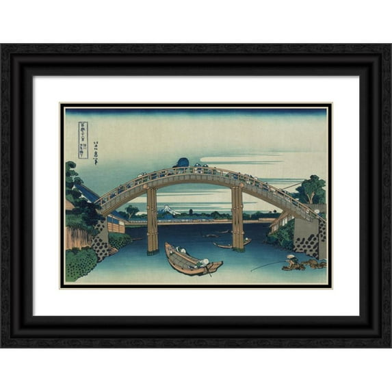 Katsushika Hokusai 24x17 Black Ornate Framed Double Matted Museum Art Print Titled: Fukagawa Mannenbashi Shita (1826-1833)