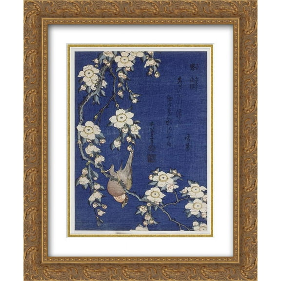 Katsushika Hokusai 2x Matted 20x24 Gold Ornate Framed Art Print 'Bullfinch?and?weeping cherry?blossoms'