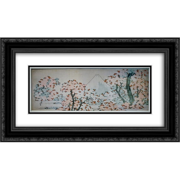 Katsushika Hokusai 2x Matted 24x14 Black Ornate Framed Art Print 'View on Mount Fuji between flowerin trees'