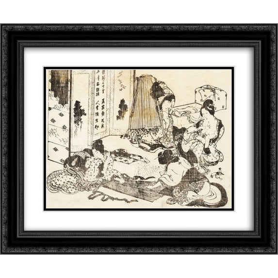 Katsushika Hokusai 2x Matted 24x20 Black Ornate Framed Art Print 'Scene of housekeeping. Four women are working'