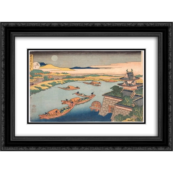 Katsushika Hokusai 2x Matted 24x20 Black Ornate Framed Art Print 'Yodo gawa from Setsugekka, Snow, Moon and Flowers'