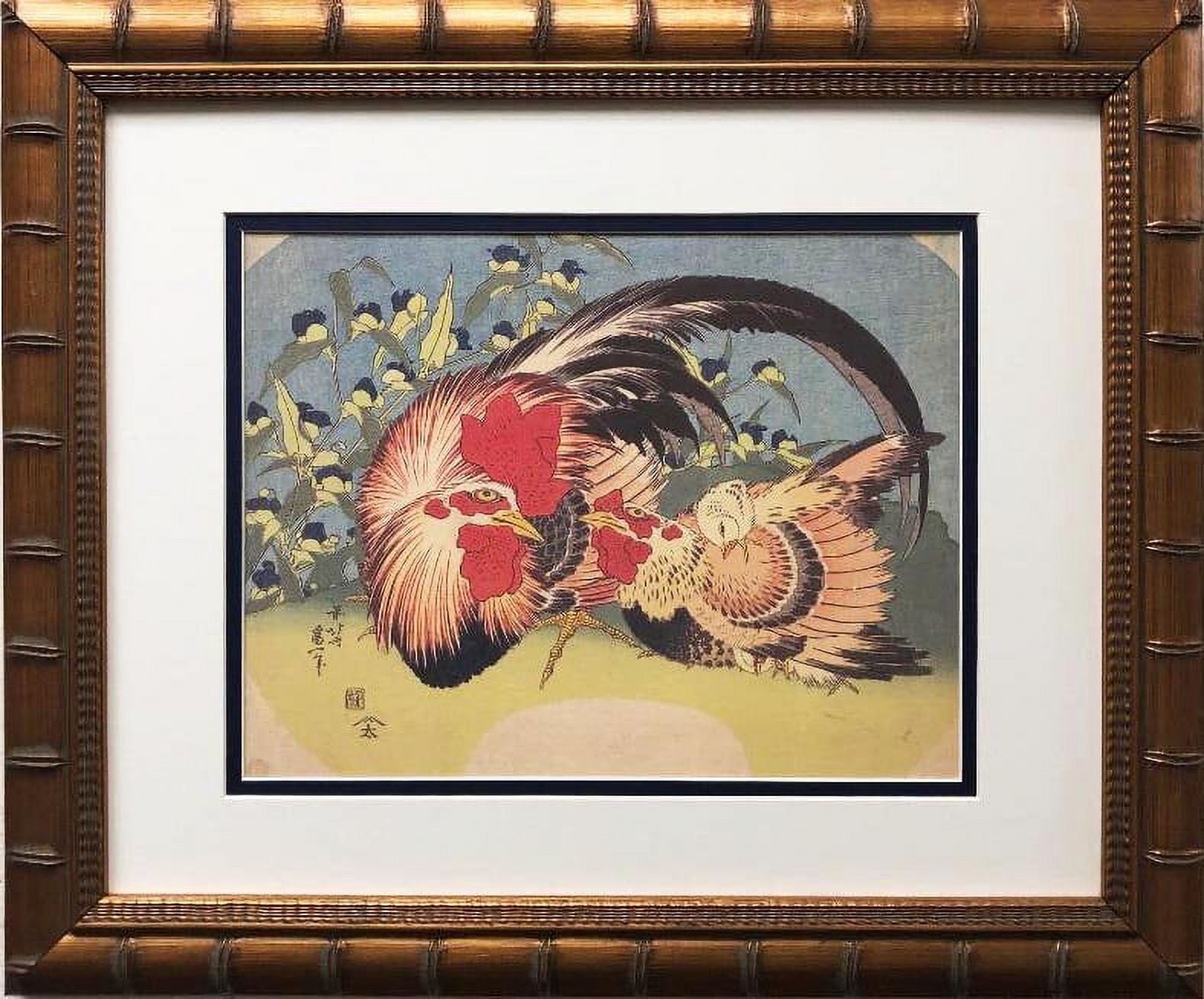 Katsushika Hokusai "Rooster, Hen, and Chicken" New Custom Framed Asian