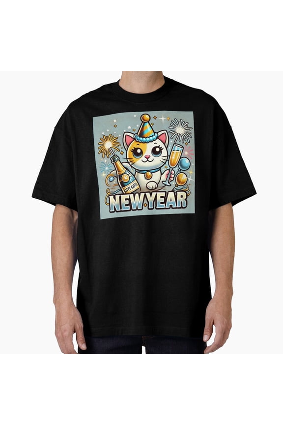 Katto Kitty Festive New Year Celebration Fun Cat Art Unisex T-Shirt , up to Size 5XL