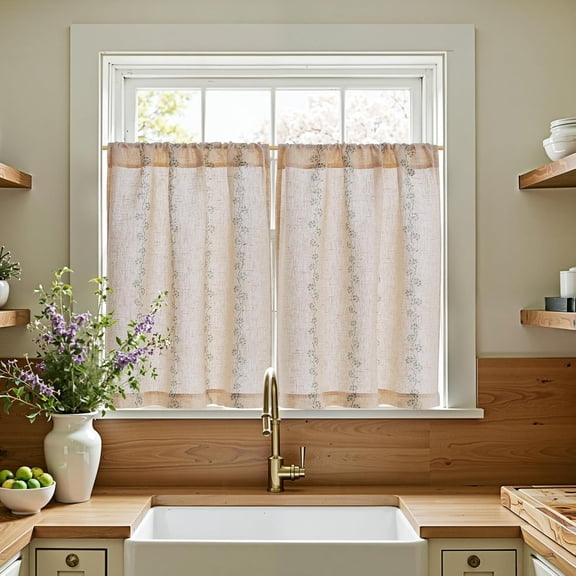Katy Linen Floral Kitchen Curtains 36 Inches Length Stripe Cafe Curtains Farmhouse Cottagecore Tier Small Window Drapes for Living Room Light Filtering Rod Pocket 2 Panels Sage Green on Linen