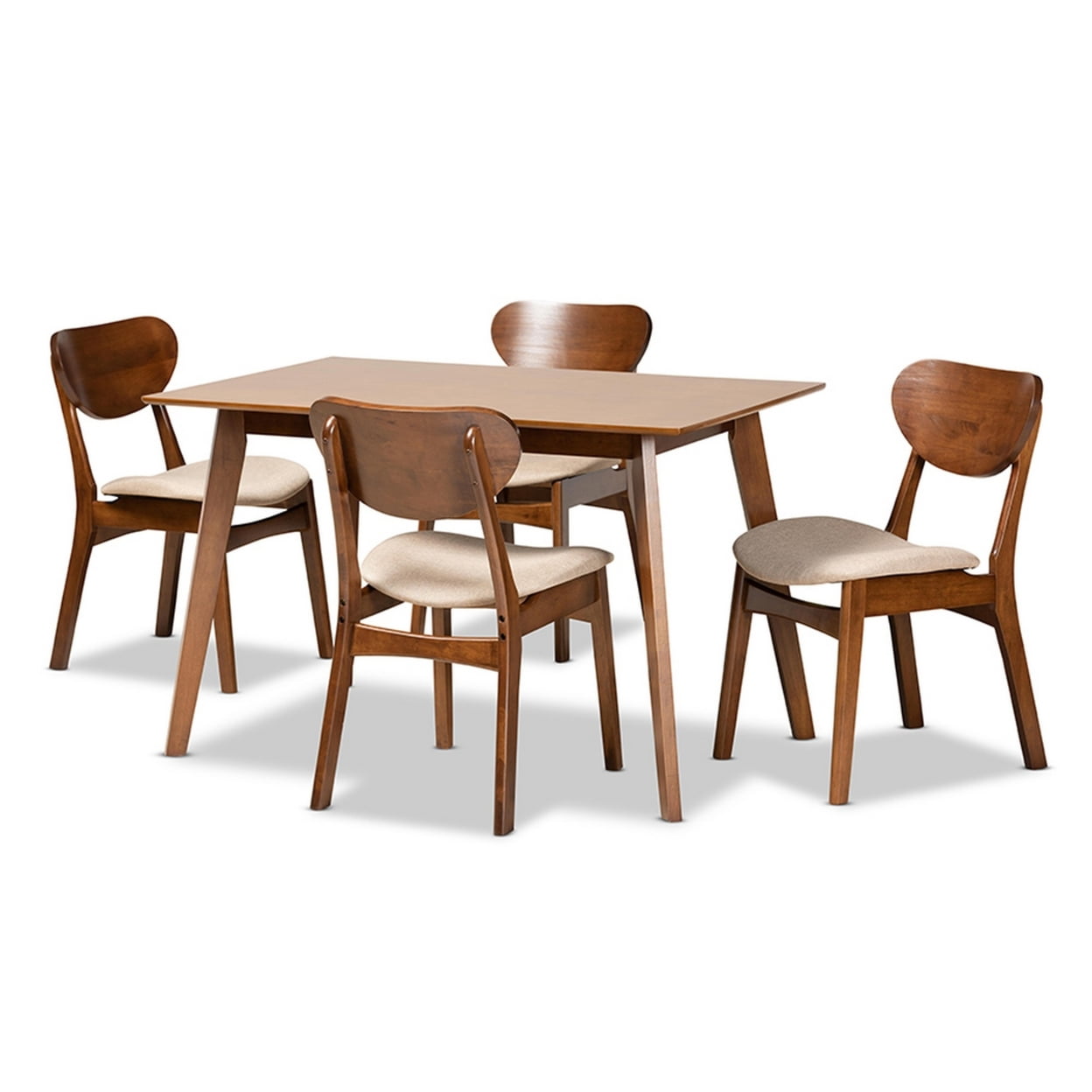 Katya Walnut Brown and Sand Fabric Mid-Century Modern 5-Piece Dining Set