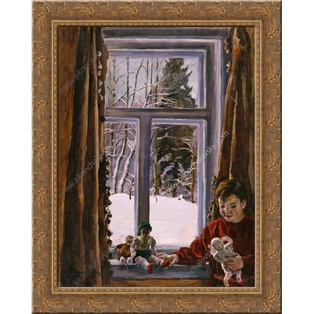 Katya with a doll by the window 24x20 Gold Ornate Wood Framed Canvas Art by Pyotr Konchalovsky