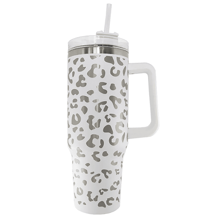 Katydid Stainless Steel Large Capacity 40 oz. Vacuum Insulated Cup Printed  Tumbler With Handle, White Metallic Leopard 