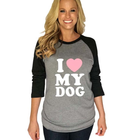 Katydid Women's I Love My Dog Ladies Raglan T-shirt Graphic Tee-Navy-xl