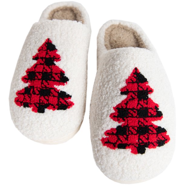 Katydid buffalo plaid christmas tree Sherpa Slippers-White-medium