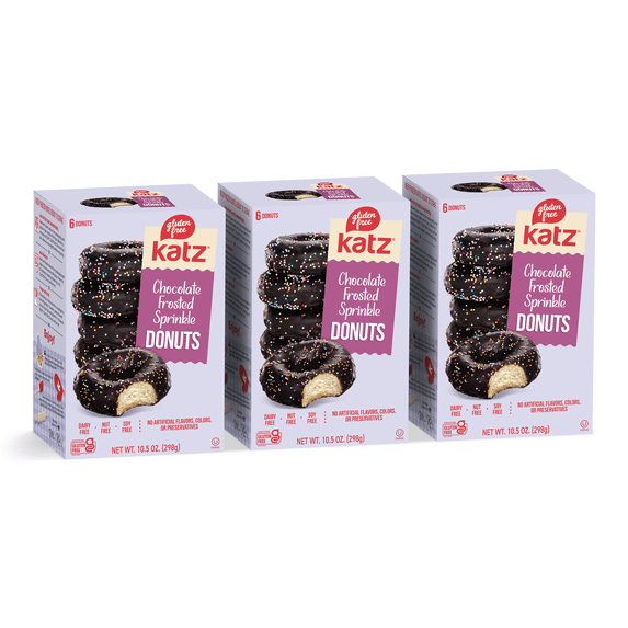 Katz Gluten Free Chocolate Frosted Sprinkle Donuts |Gluten Free, Dairy Free, Nut Free, Soy Free, Kosher | (3 Pack, 10.5 Ounce Each)