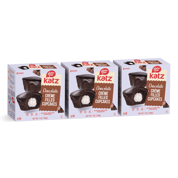 Katz Gluten Free Creme Filled Cupcakes - Chocolate |Gluten Free, Dairy Free, Nut Free, Soy Free, Kosher | (3 Pack, 7.0 Ounce Each)