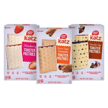Katz Gluten Free Toaster Pastries Variety Pack 3 Flavors of Chocolate Chip, Strawberry and Cinnamon Gluten Free, Dairy Free, Nut Free, Kosher.