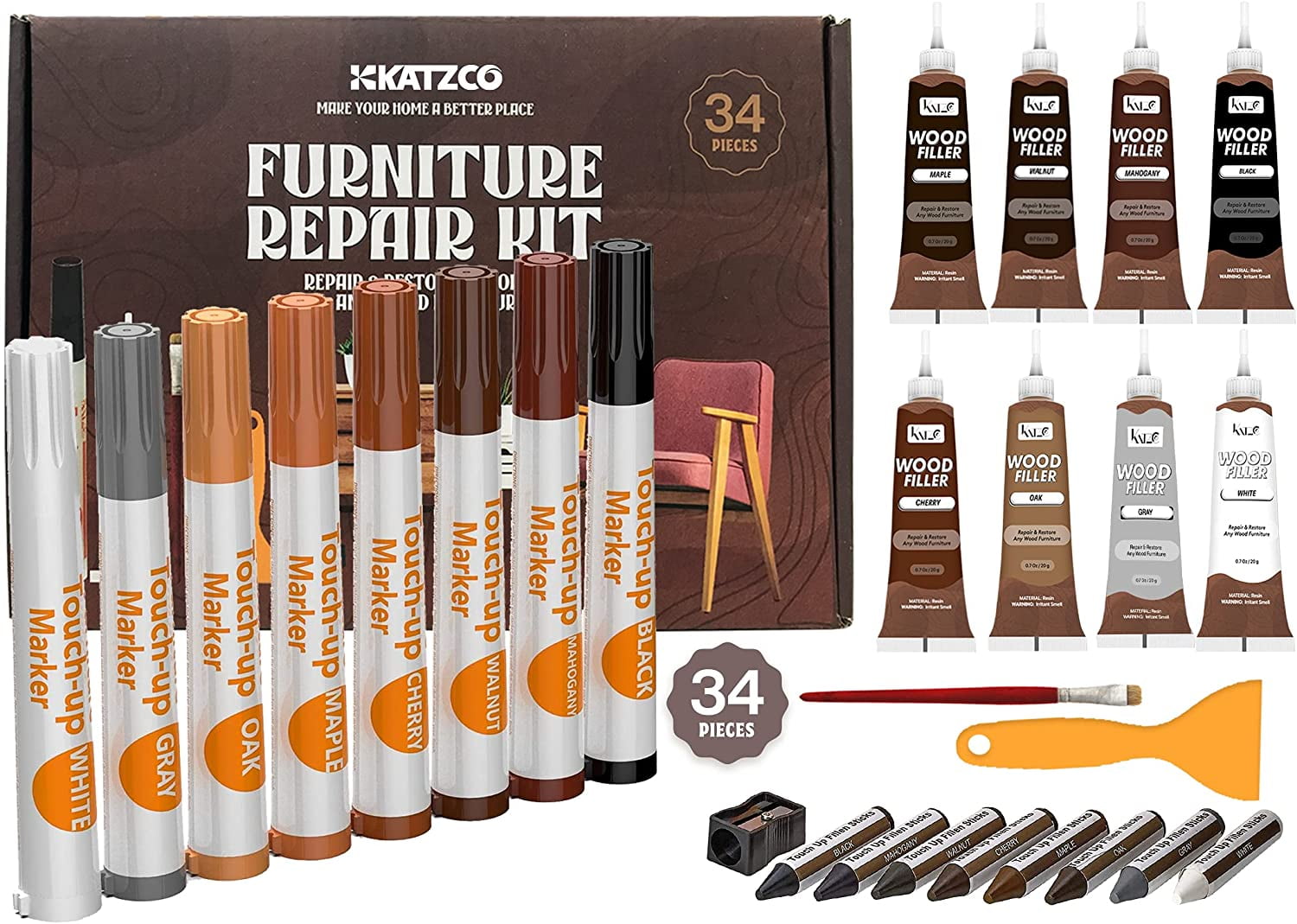 Katzco Total Furniture Repair Kit Set Of 34 Resin Repair Wood