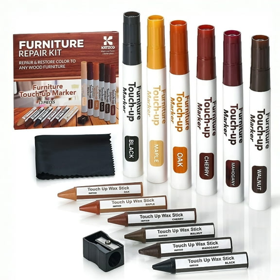 Katzco Wood Furniture Repair Kit - Set of 13 Wood Markers and Wax Sticks - Furniture Scratch Repair - Wood Floor Scratch Remover - Table and Desk Cover-Up - Furniture Crayon for Scratch