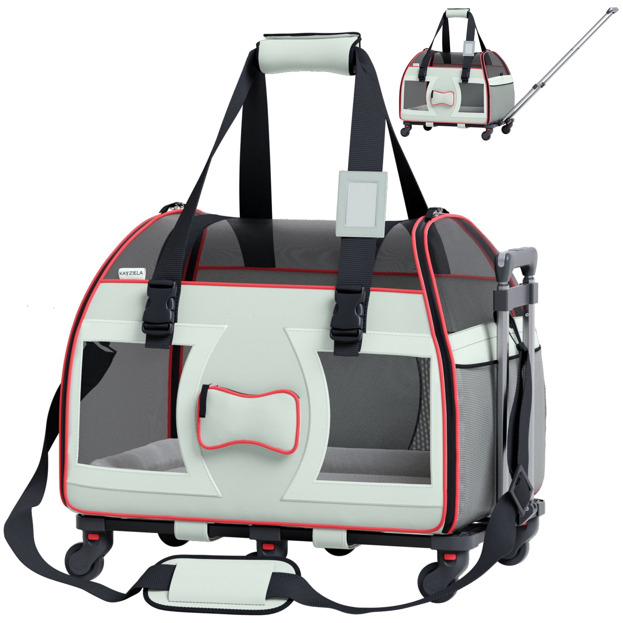 Medium Gray and Red Soft-Sided Rolling Pet Carrier