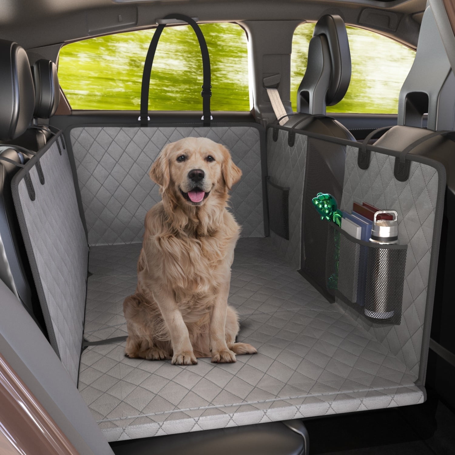 Gray Waterproof Car Seat Cover with Mesh Window and Storage Pockets