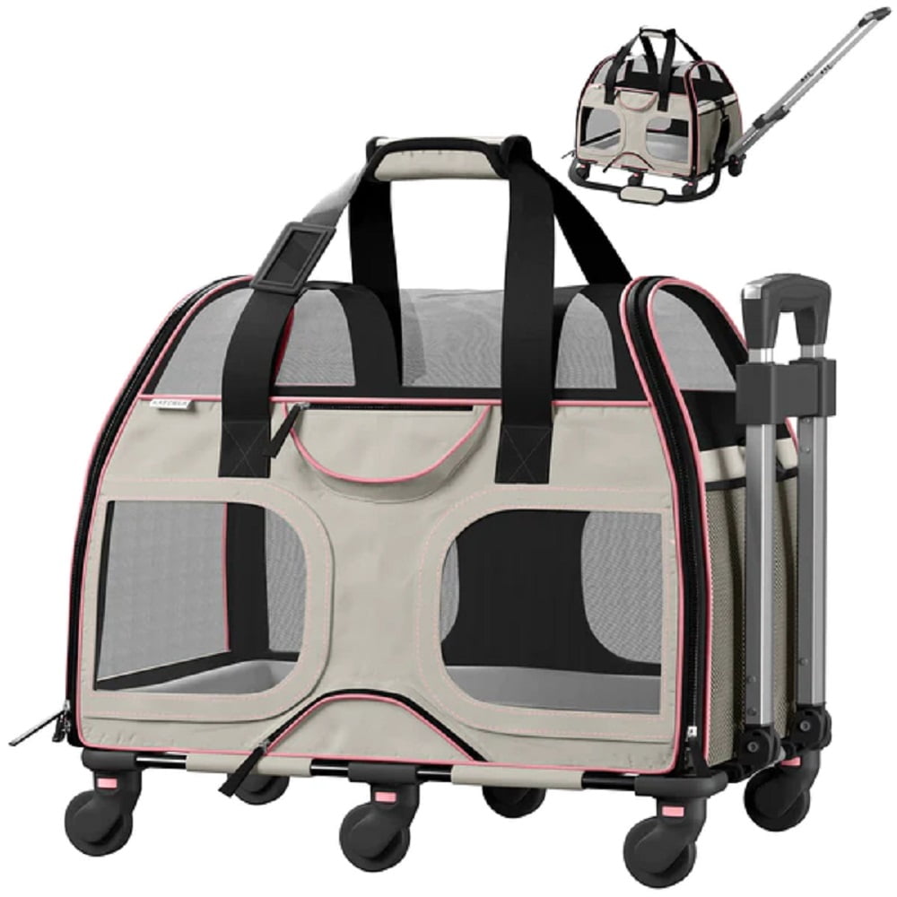 White and Pink Soft-Sided Rolling Pet Carrier with Telescopic Handle