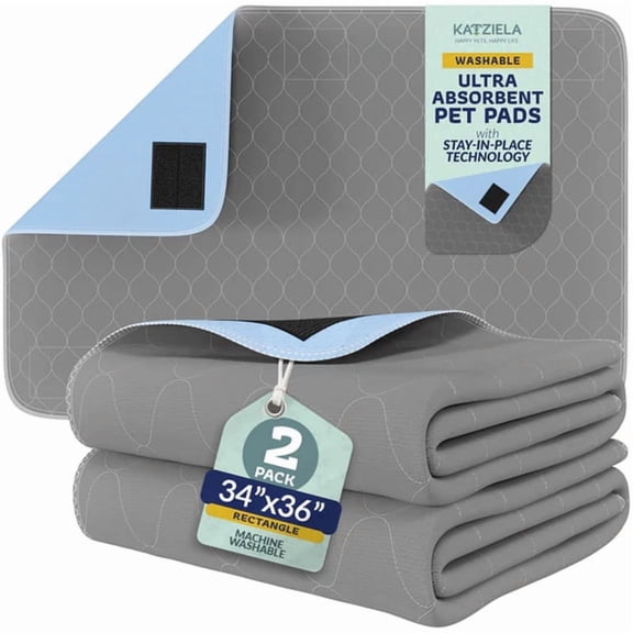 Katziela Quick-Drying Washable Pee Pads for Dogs (2 Pack 34x36 Rectangular) Waterproof Reusable Puppy Pads with Hook and Loop Corners for Pet Potty Training, Housebreaking, Daycare - Machine Washable