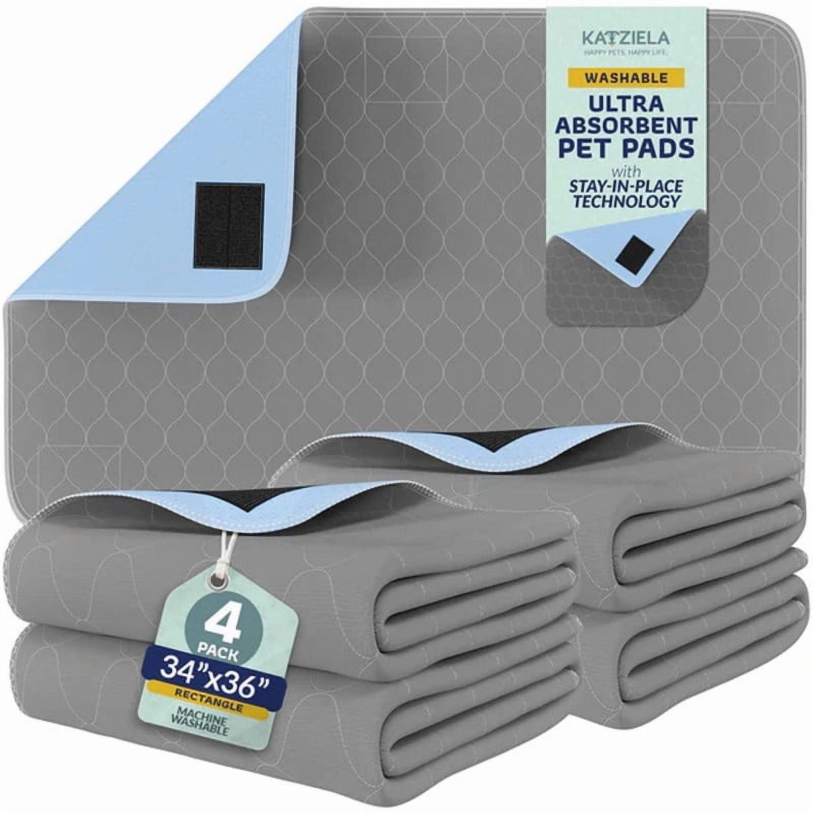 Katziela Quick-Drying Washable Pee Pads for Dogs (4 Pack 34x36 Rectangular) Waterproof Reusable Puppy Pads with Hook and Loop Corners for Pet Potty Training, Housebreaking, Daycare - Machine Washable