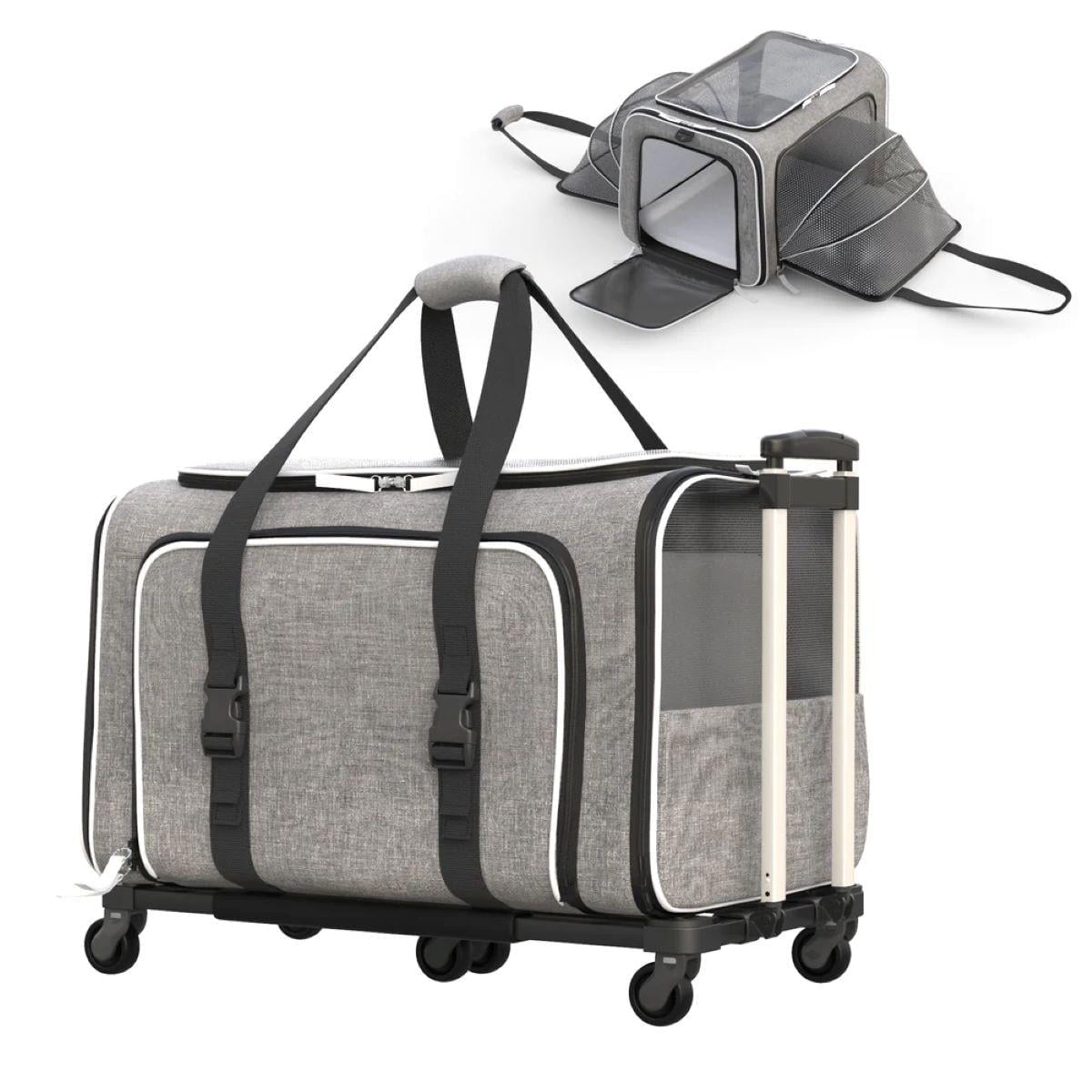 Gray and White Expandable Rolling Pet Carrier with Telescopic Handle