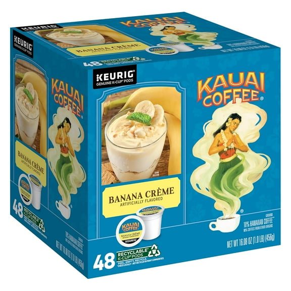 Kauai Coffee K-Cup Pods for Keurig Brewers Arabica Coffee, 10% Hawaiian Medium Roast, Banana Flavor with Creamy Vanilla Banana Crme, 1 Pack of 48 Single Serve K-Cups