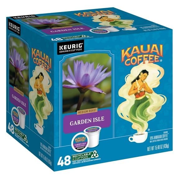 Kauai Coffee K-Cup Pods for Keurig Brewers ? Arabica Coffee, 10% Hawaiian ? Medium Roast, Bright Aroma With Light Floral Notes ? Garden Isle, 1 Pack of 48 Single Serve K-Cups