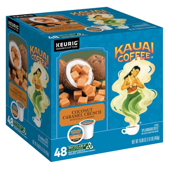 Kauai Coffee K-Cup Pods for Keurig Brewers ? Arabica Coffee, 10% Hawaiian ? Medium Roast, Nutty Caramel with Tropical Coconut ? Coconut Caramel Crunch, 1 Pack of 48 Single Serve K-Cups