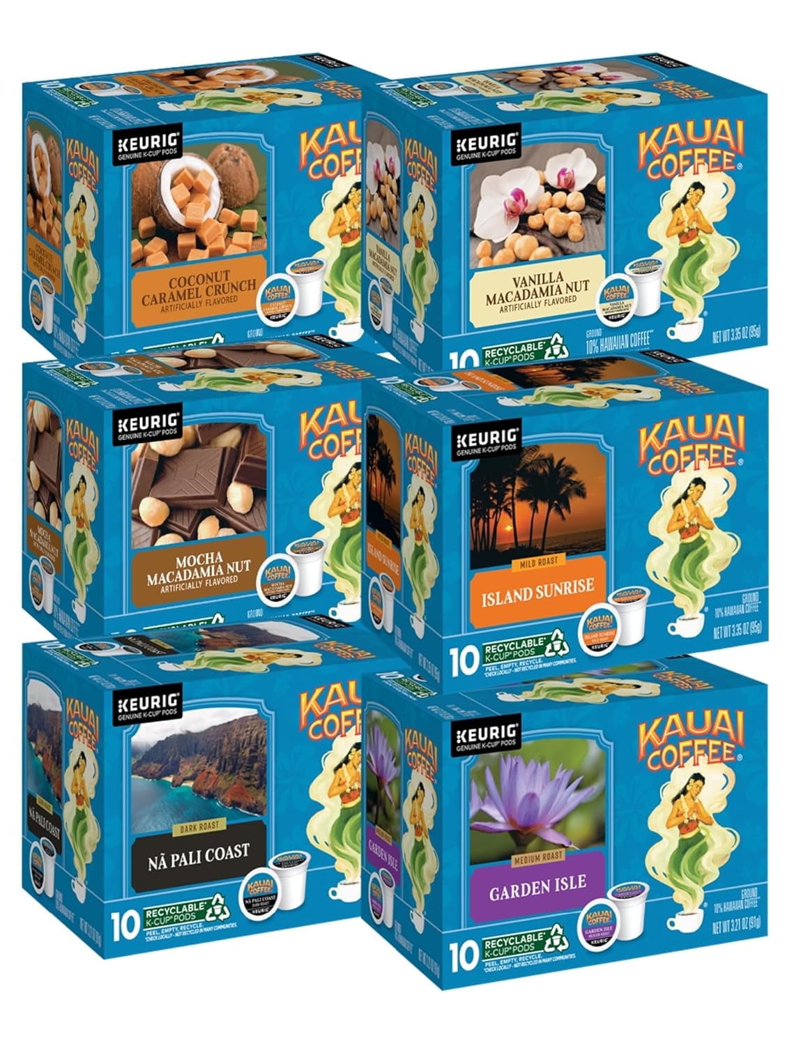 Kauai Coffee K-Cup Pods for Keurig Brewers – Arabica Coffee, 10% Hawaiian – Mild, Medium and Dark Roast, Rich, Smooth, No Bitterness – Six Flavors, 6 Packs of 10 Single Serve K-Cups