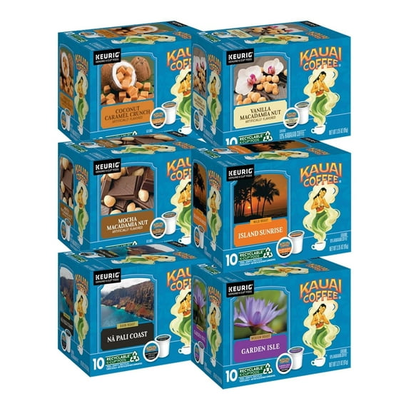Kauai Coffee K-Cup Pods for Keurig Brewers Arabica Coffee, 10% Hawaiian Mild, Medium and Dark Roast, Rich, Smooth, No Bitterness Six Flavors, 6 Packs of 10 Single Serve K-Cups