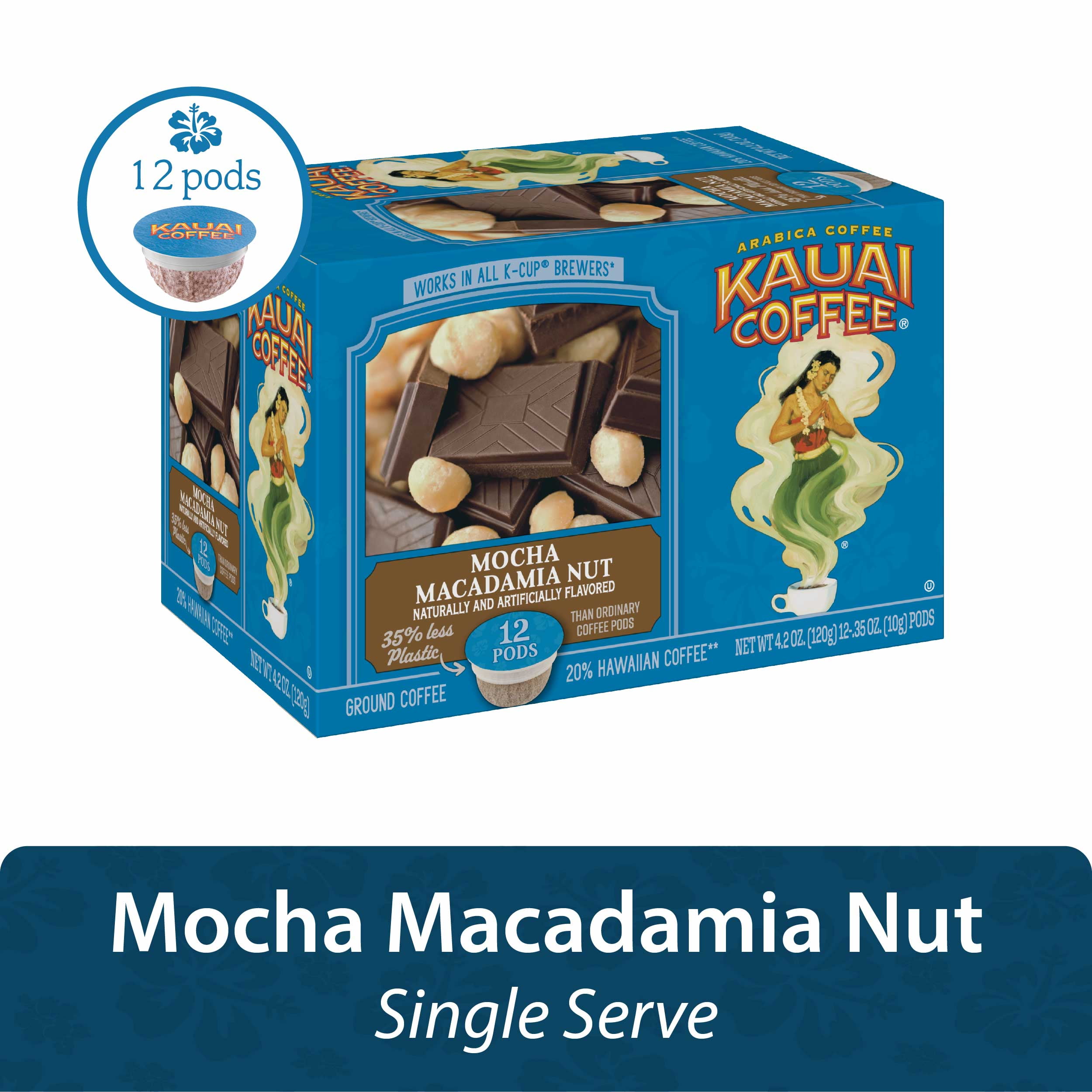 Kauai Coffee Mocha Macadamia Nut K-Cup Pods, Medium Roast, 12 Ct