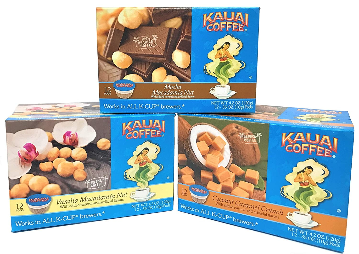 Kauai Coffee Variety Pack of 3, 1 Coconut Caramel Crunch, 1 Mocha