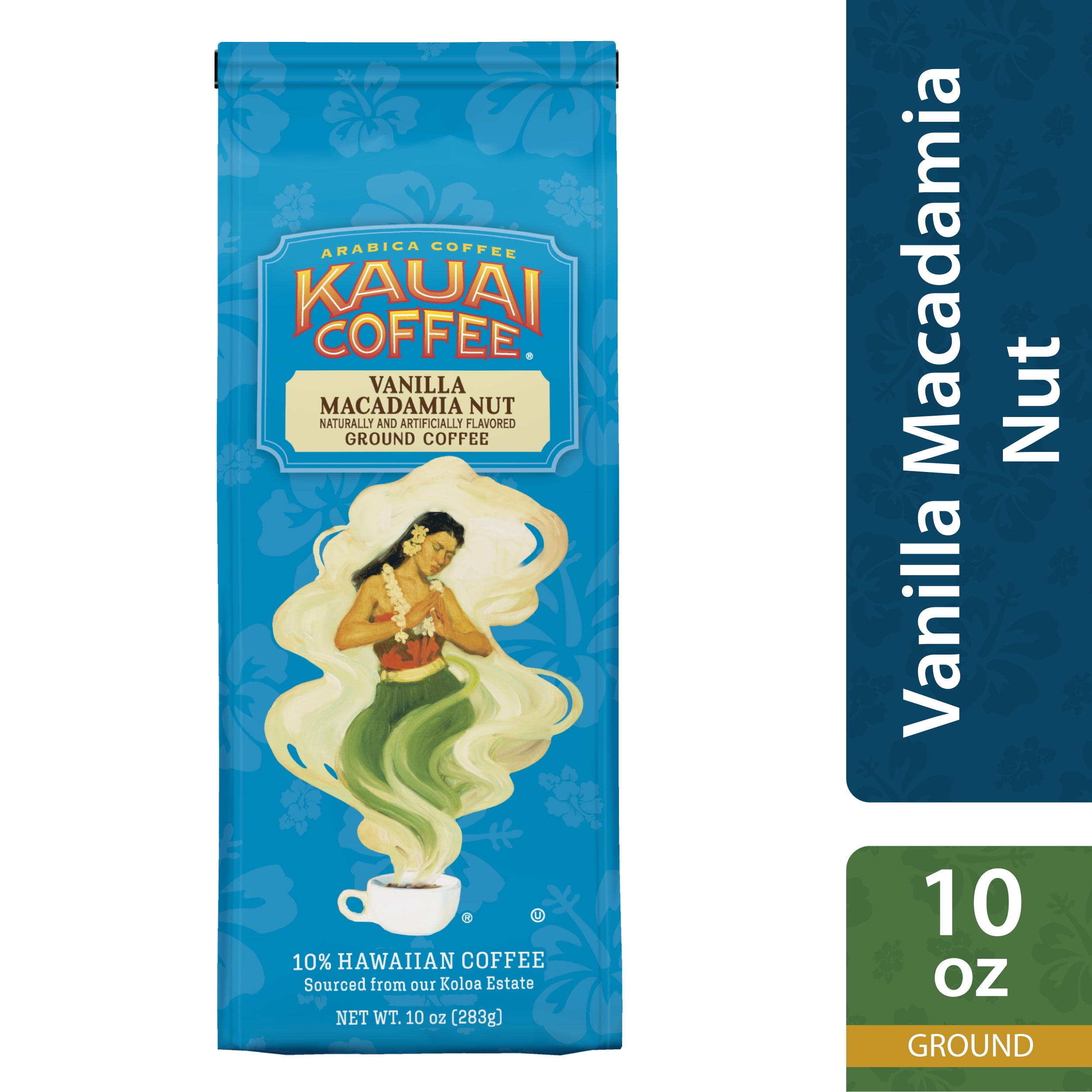 Kauai Ground Coffee, Vanilla Macadamia Nut, Medium Roast, 10 oz Package