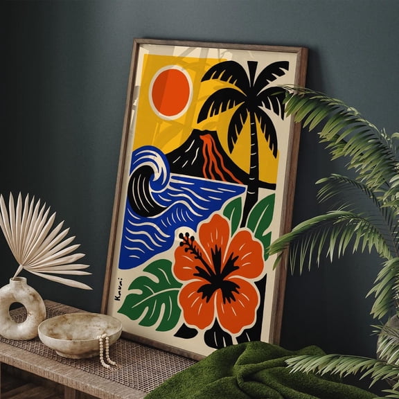 Kauai Hawaii Art Tropical Volcano Ocean Palm Hibiscus Unframed Paper Print