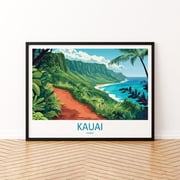 Kauai Hawaii Landscape Travel Poster, Scenic Tropical Island Coastline Wall Art, Na Pali Cliffs Print, USA Decor, Kauai Artwork
