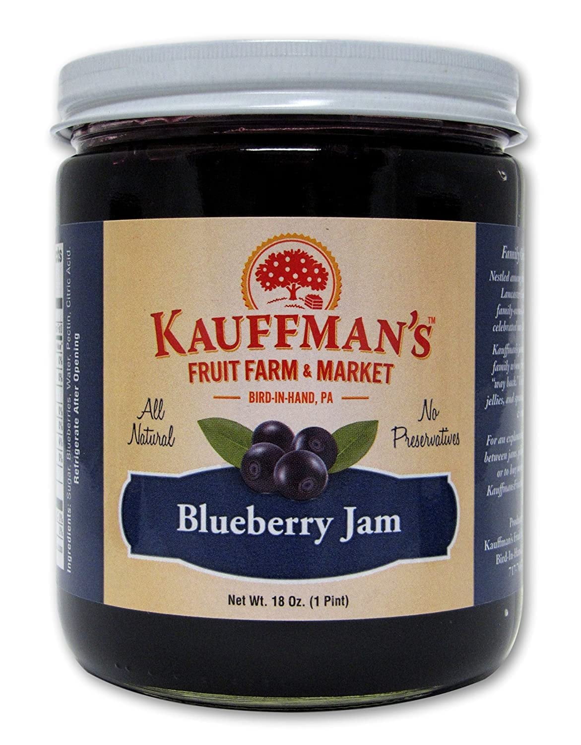 Kauffman Orchards Blueberry Jam, All Natural, No Preservatives, 18 Ounce Jar