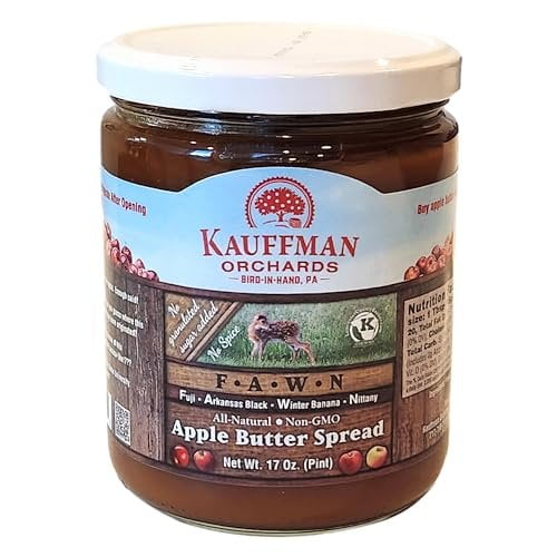 Kauffman Orchards "FAWN" Apple Butter Spread, No Sugar or Spice Added, Made with Fuji, Arkansas Black, Winter Banana, and Nittany Apples, 17 Oz. Jar