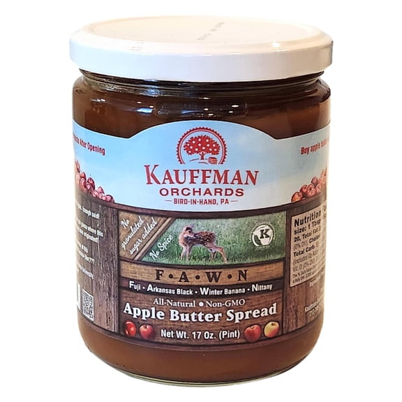Kauffman Orchards "FAWN" Apple Butter Spread, No Sugar or Spice Added, Made with Fuji, Arkansas Black, Winter Banana, and Nittany Apples, 17 Oz. Jar Pack of 6
