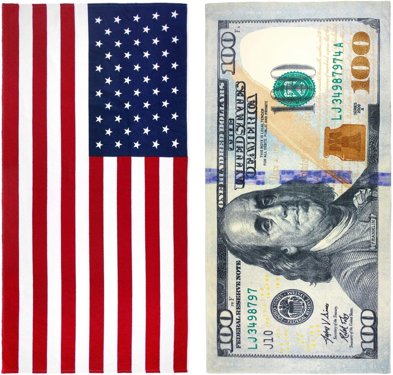 Kaufman $100 Bill and 4th of July American Flag Printed Beach Towel Set - 2 Towels 30" x 60