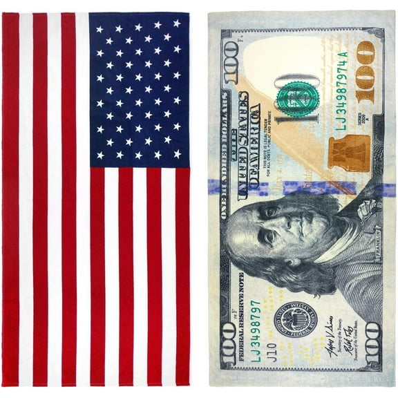 Kaufman $100 Bill and 4th of July American Flag Printed Beach Towel Set - 2 Towels 30" x 60