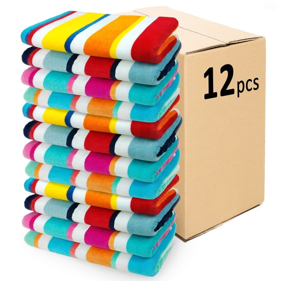Kaufman 12 Pack Joey Velour Colored Classic Multi-Color Stripe Beach & Pool Towel - Large Cotton Towel - Soft & Absorbent - Assorted Colors - 32 x 62