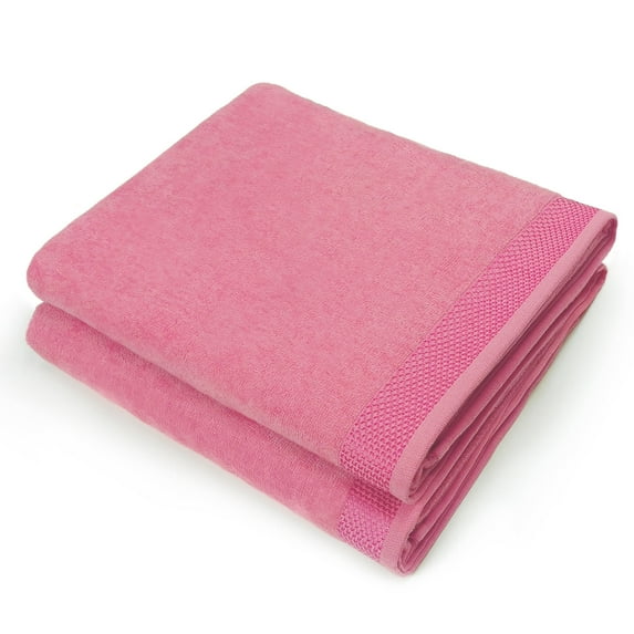 Kaufman - 2 Pack 30"x60" Solid Color Velour Beach Towel, Bath Towel. 100% Cotton (Pink)