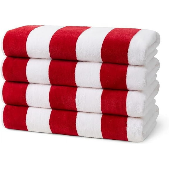 Kaufman - 32" x 62" Red Joey Velour Cabana Stripe Multicolor Beach Towel, 4-Pack, 100% U.S.A. Cotton
