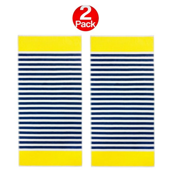 Kaufman 35"x 70" Oversized Velour Horizontal Stripe Beach Towel, 100% Cotton (Blue-Yellow)