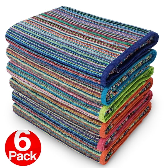 Kaufman -6 Pack Beautiful Terry Royal Candy Stripe Beach Towel- Pool Towel.100% Cotton 30 x 60. Assorted Color Borders