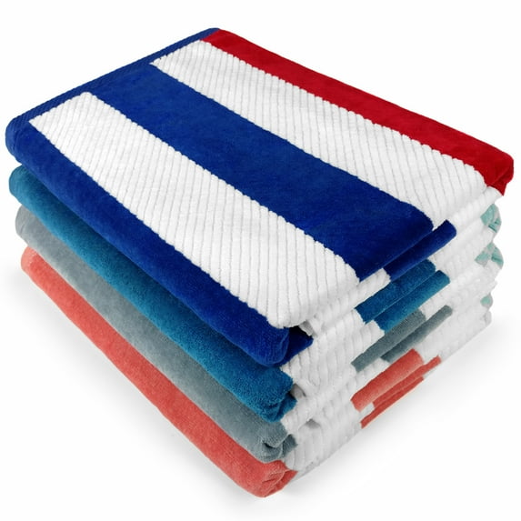 Kaufman - 4 Pack Soft, Plush Beach Towel 100% Combed Ring Spun Yarn dye Cotton Velour Oversized Sized 32x62, Multicolor